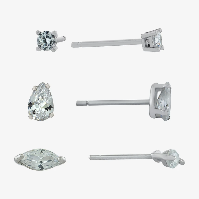 Silver Treasures Womens Cubic Zirconia Sterling Silver 3 Pair Earring Set