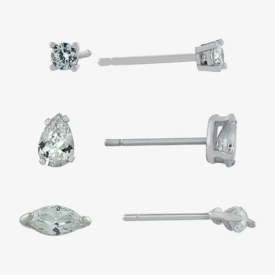 Silver Treasures Womens Cubic Zirconia Sterling Silver 3 Pair Earring Set