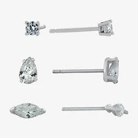 Silver Treasures Womens Cubic Zirconia Sterling Silver 3 Pair Earring Set