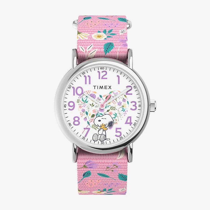 Timex Timex Peanuts Weekender 38mm Watch - Pink Strap White Dial Silver-Tone Case Peanuts Womens Multicolor Strap Watch Tw2v77800jt