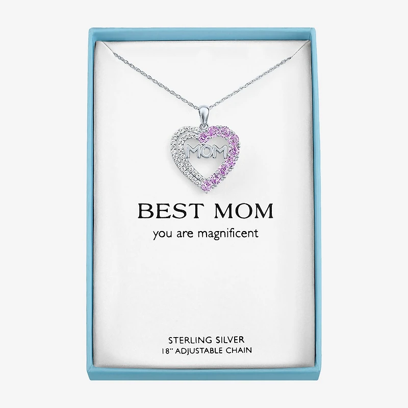 "Mom" Womens Lab Created Pink Sapphire Sterling Silver Heart 19 Inch Pendant Necklace