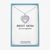 "Mom" Womens Lab Created Pink Sapphire Sterling Silver Heart 19 Inch Pendant Necklace