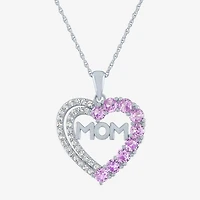 "Mom" Womens Lab Created Pink Sapphire Sterling Silver Heart 19 Inch Pendant Necklace
