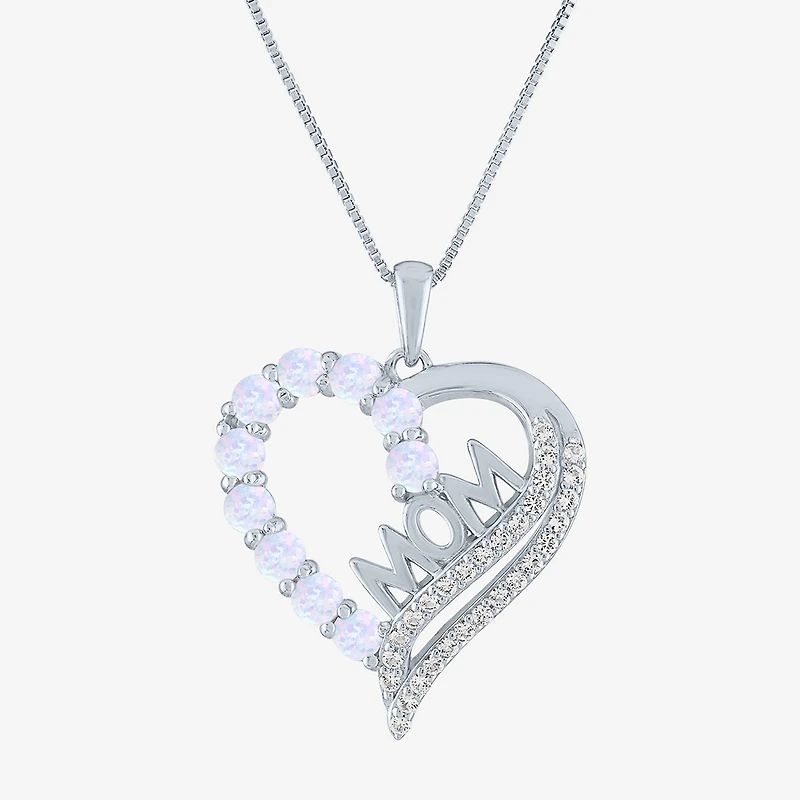 Mom" Womens Lab Created White Opal Sterling Silver Heart 18 Inch Pendant Necklace
