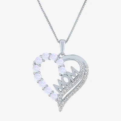 "Mom" Womens Lab Created White Opal Sterling Silver Heart 18 Inch Pendant Necklace