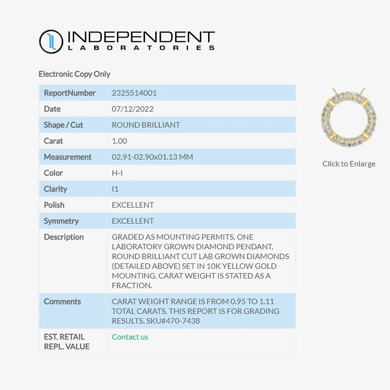 (H-I / I1) Womens 1 CT. T.W. Lab Grown White Diamond 10K Gold Circle 18 Inch Pendant Necklace