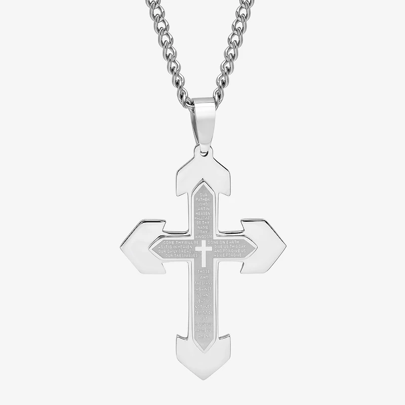 Mens Lord's Prayer Stainless Steel Cross Pendant Necklace