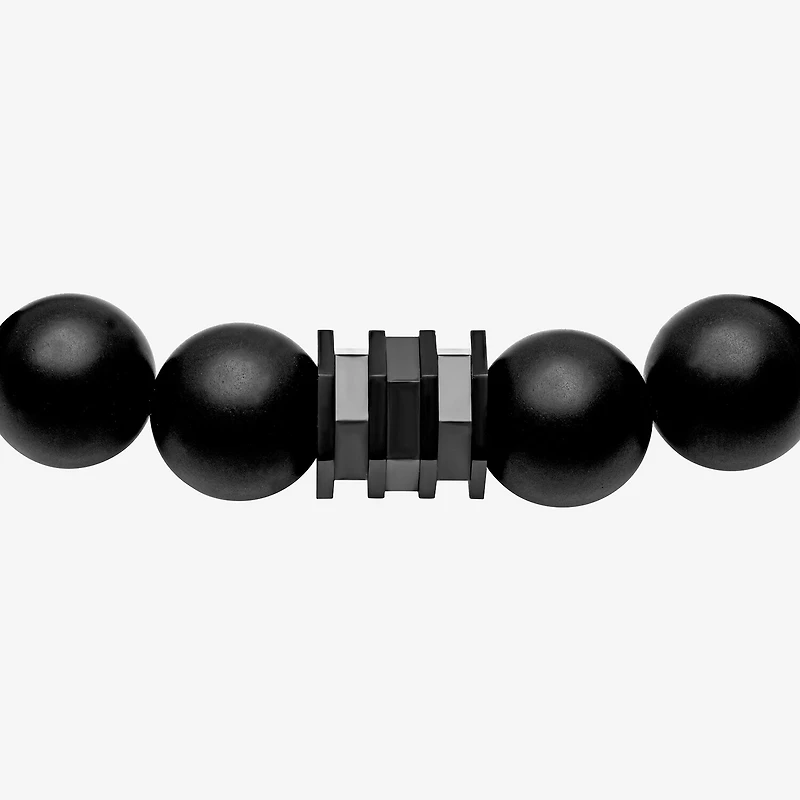 Beaded Mens Genuine Black Onyx Stainless Steel Bolo Bracelet