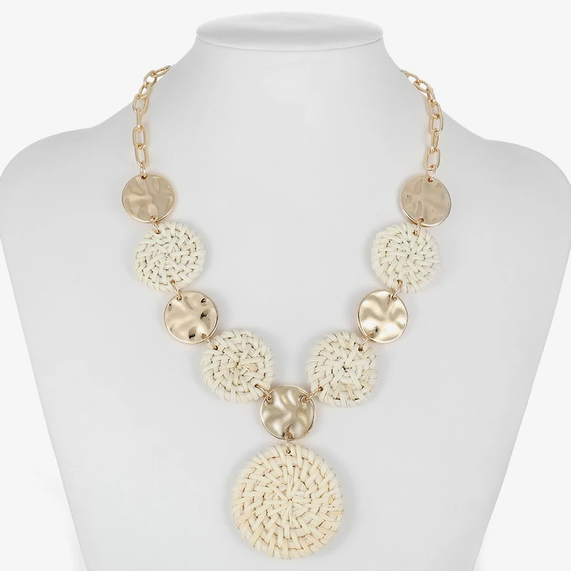 Liz Claiborne Gold Tone Hammered Raffia Womens Round 17 Inch Pendant Necklace