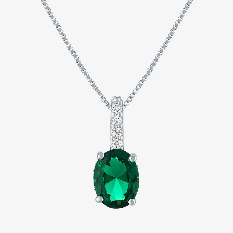 Womens Lab Created Green Emerald Sterling Silver Oval 18 Inch Pendant Necklace