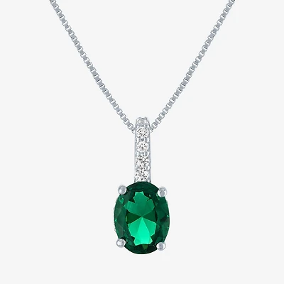 Womens Lab Created Green Emerald Sterling Silver Oval 18 Inch Pendant Necklace
