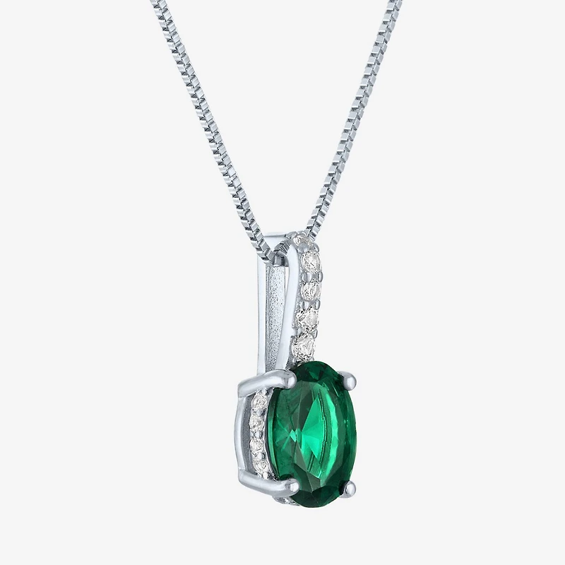 Womens Lab Created Green Emerald Sterling Silver Oval 18 Inch Pendant Necklace