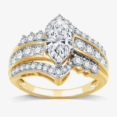 (G, Si1-Si2) Womens 2 CT. T.W. Lab Grown White Diamond 10K Gold Marquise Side Stone Cocktail Ring