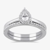 H, I1-I2 Womens 1/2 CT. T.W. Lab Grown White Diamond 14K Gold Over Silver Pear Halo Bridal Set