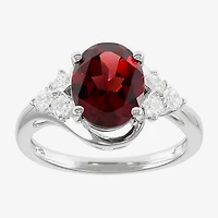 Womens Genuine Red Garnet Sterling Silver Oval Side Stone Cocktail Ring