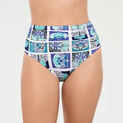 Liz Claiborne Womens Comfort Waistband Patchwork Moderate Coverage High Waist Bikini Swimsuit Bottom