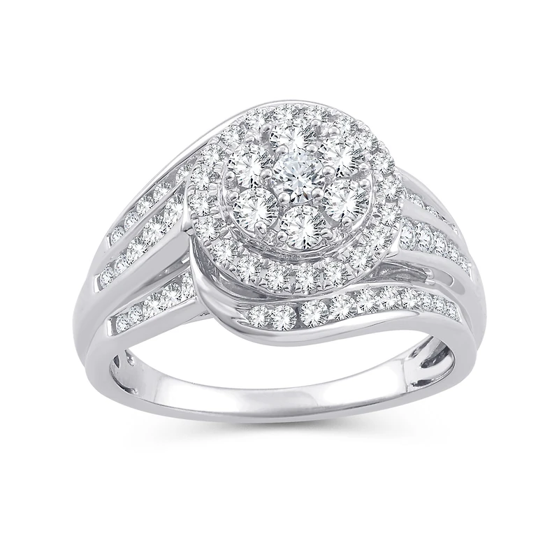 Womens 1 CT. T.W. Natural White Diamond 10K Gold Round Side Stone Halo Engagement Ring