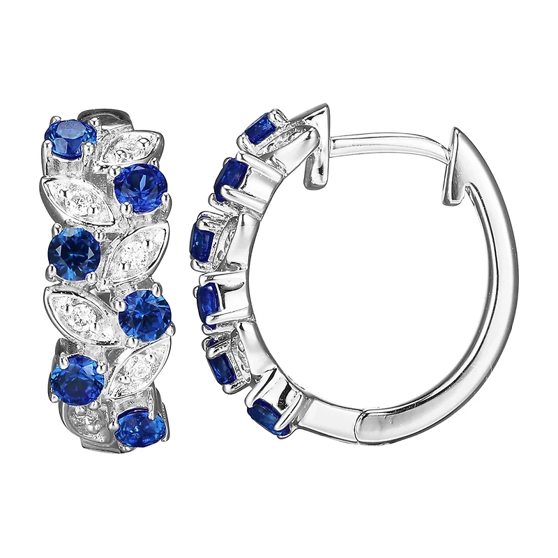 Lab Grown Blue Sapphire & 1/10 CT. T.W. Lab Grown White Diamond Sterling Silver 16.5mm Hoop Earrings