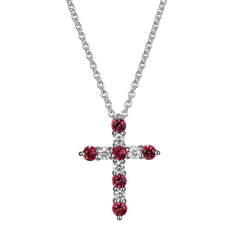Womens Lab Grown Red Ruby & 1/8 CT. T.W. Lab Grown White Diamond Sterling Silver Cross Pendant Necklace