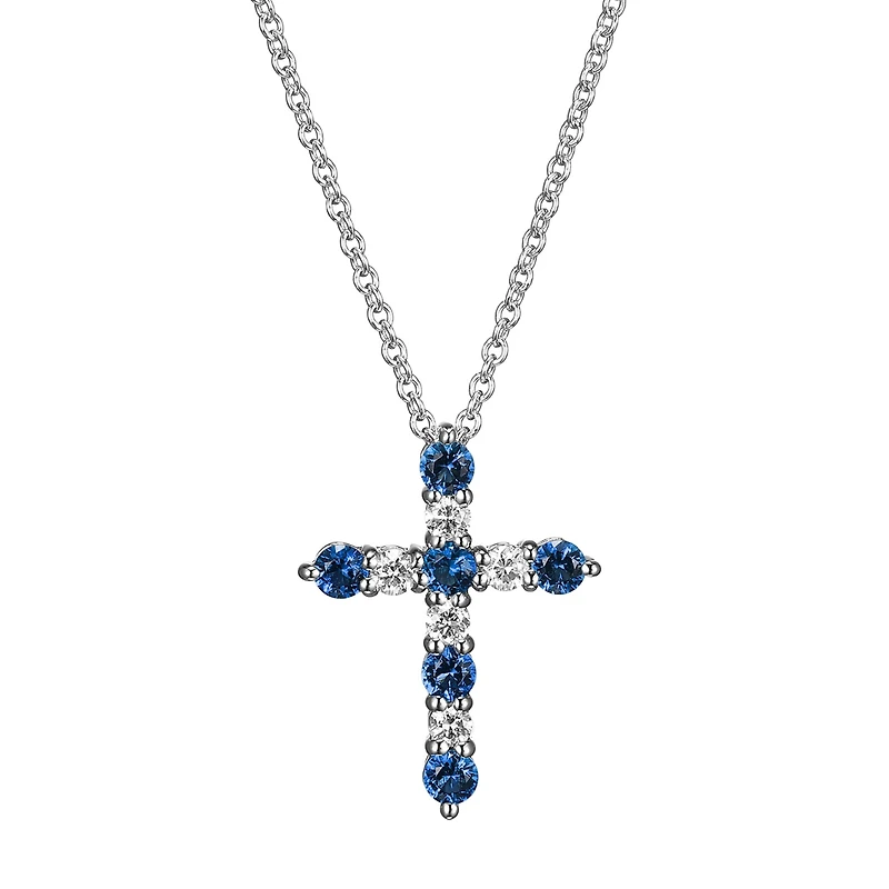 Womens Lab Grown Blue Sapphire & 1/8 CT. T.W. Lab Grown White Diamond Sterling Silver Cross Pendant Necklace