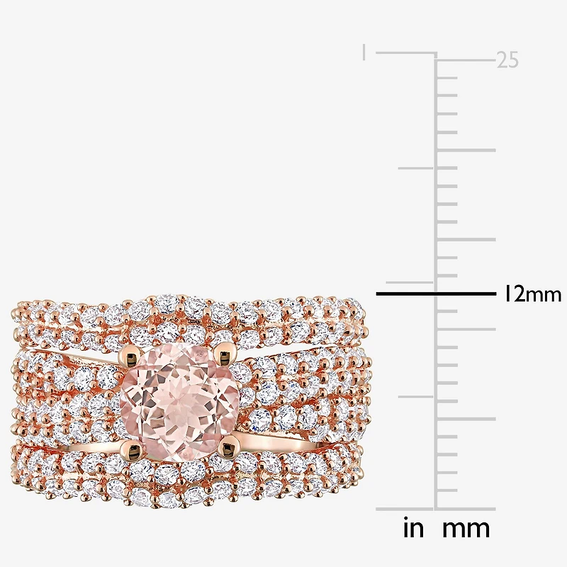 Modern Bride Gemstone Womens Genuine Pink Morganite 18K Rose Gold Over Silver Round Bridal Set