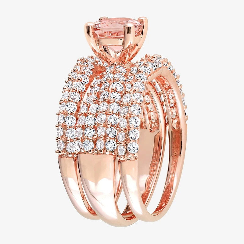 Modern Bride Gemstone Womens Genuine Pink Morganite 18K Rose Gold Over Silver Round Bridal Set