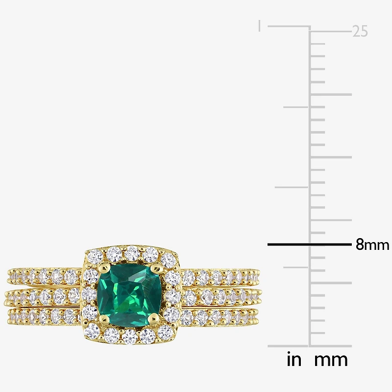 Modern Bride Gemstone Womens Lab Created Green Emerald 18K Gold Over Silver Cushion Side Stone Halo Bridal Set