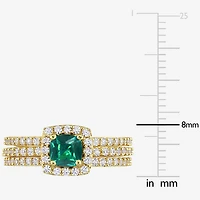 Modern Bride Gemstone Womens Lab Created Green Emerald 18K Gold Over Silver Cushion Side Stone Halo Bridal Set