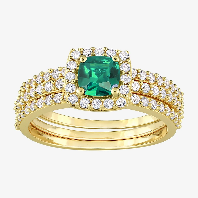 Modern Bride Gemstone Womens Lab Created Green Emerald 18K Gold Over Silver Cushion Side Stone Halo Bridal Set
