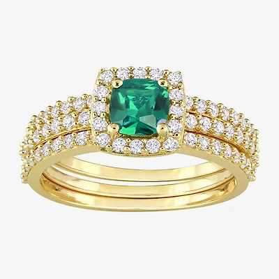 Modern Bride Gemstone Womens Lab Created Green Emerald 18K Gold Over Silver Cushion Side Stone Halo Bridal Set