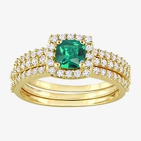 Modern Bride Gemstone Womens Lab Created Green Emerald 18K Gold Over Silver Cushion Side Stone Halo Bridal Set