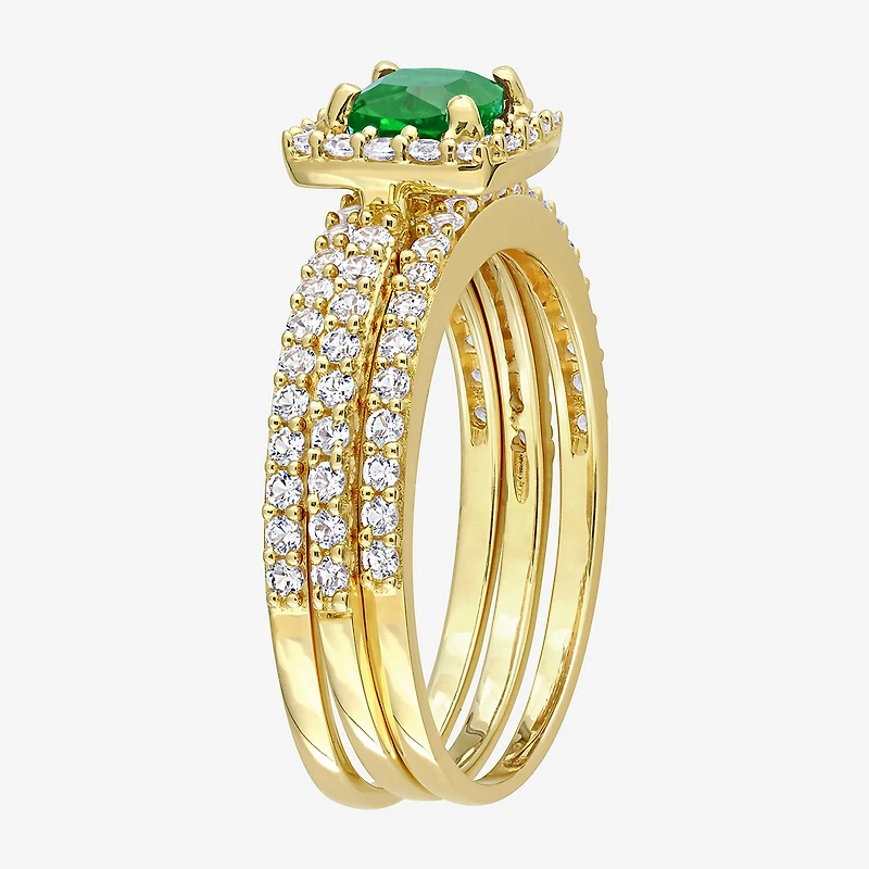 Modern Bride Gemstone Womens Lab Created Green Emerald 18K Gold Over Silver Cushion Side Stone Halo Bridal Set