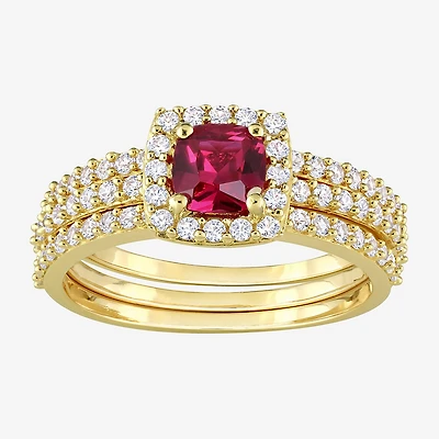 Modern Bride Gemstone Womens Lab Created Red Ruby 18K Gold Over Silver Cushion Side Stone Halo Bridal Set
