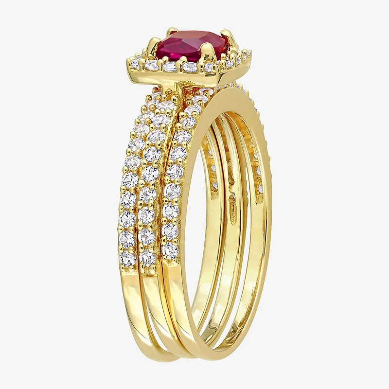 Modern Bride Gemstone Womens Lab Created Red Ruby 18K Gold Over Silver Cushion Side Stone Halo Bridal Set