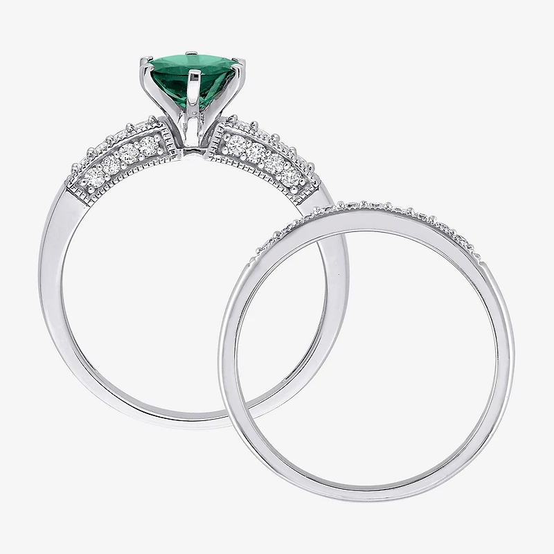 Modern Bride Gemstone Womens 1/3 CT. T.W. Lab Created Green Emerald 10K Gold Round Side Stone Bridal Set