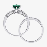 Modern Bride Gemstone Womens 1/3 CT. T.W. Lab Created Green Emerald 10K Gold Round Side Stone Bridal Set