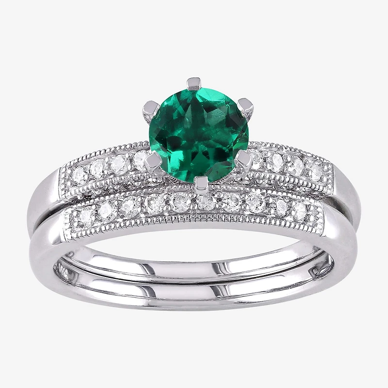 Modern Bride Gemstone Womens 1/3 CT. T.W. Lab Created Green Emerald 10K Gold Round Side Stone Bridal Set