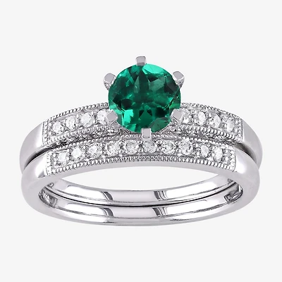 Modern Bride Gemstone Womens 1/3 CT. T.W. Lab Created Green Emerald 10K Gold Round Side Stone Bridal Set