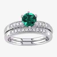 Modern Bride Gemstone Womens 1/3 CT. T.W. Lab Created Green Emerald 10K Gold Round Side Stone Bridal Set