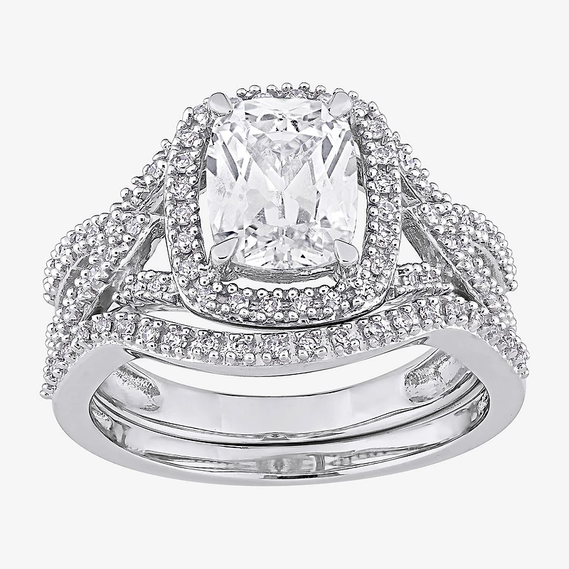 Modern Bride Gemstone Womens 1/4 CT. T.W. Lab Created White Sapphire 10K Gold Cushion Side Stone Bridal Set