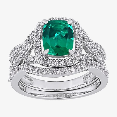 Modern Bride Gemstone Womens 1/4 CT. T.W. Lab Created Green Emerald 10K Gold Cushion Side Stone Halo Bridal Set