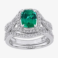 Modern Bride Gemstone Womens 1/4 CT. T.W. Lab Created Green Emerald 10K Gold Cushion Side Stone Halo Bridal Set