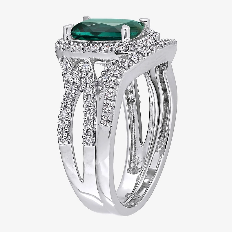 Modern Bride Gemstone Womens 1/4 CT. T.W. Lab Created Green Emerald 10K Gold Cushion Side Stone Halo Bridal Set