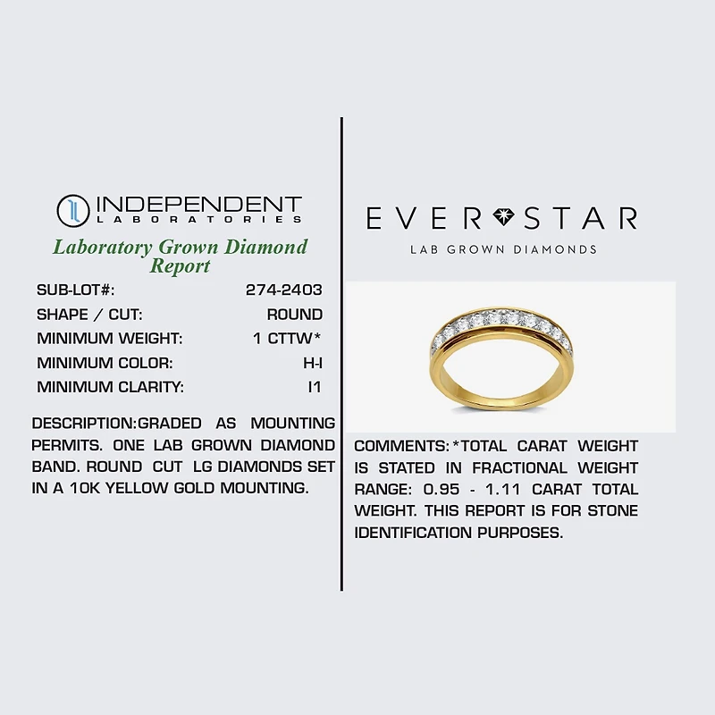(H-I / I1) 1 CT. T.W. Lab Grown White Diamond 10K Gold Wedding Band