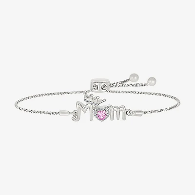 Mom Womens Diamond Accent Lab Created Pink Sapphire Sterling Silver Crown Heart Bolo Bracelet