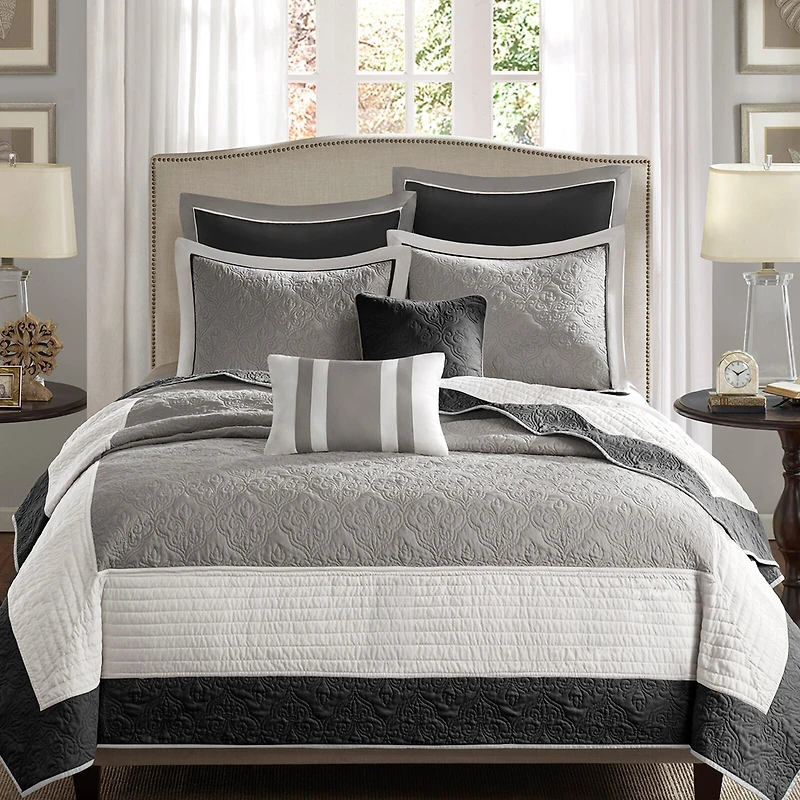 Madison Park Danville 7-Pc Quilt Set with Euro Shams and Throw Pillows