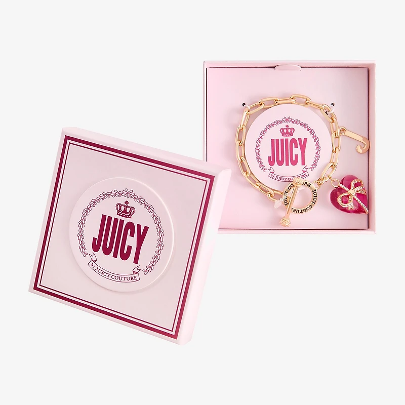 Juicy By Juicy Couture Gold Tone Toggle Womens Pink Crystal Bow Heart Charm Bracelet