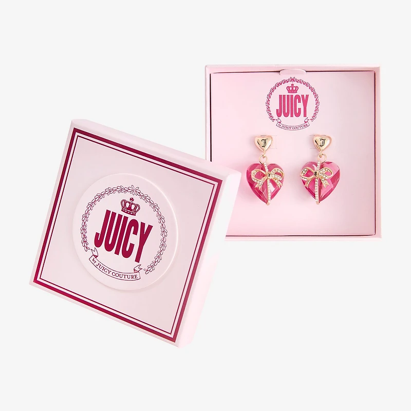 Juicy By Juicy Couture Gold Tone Womens Pink Crystal Bow Heart Drop Earrings