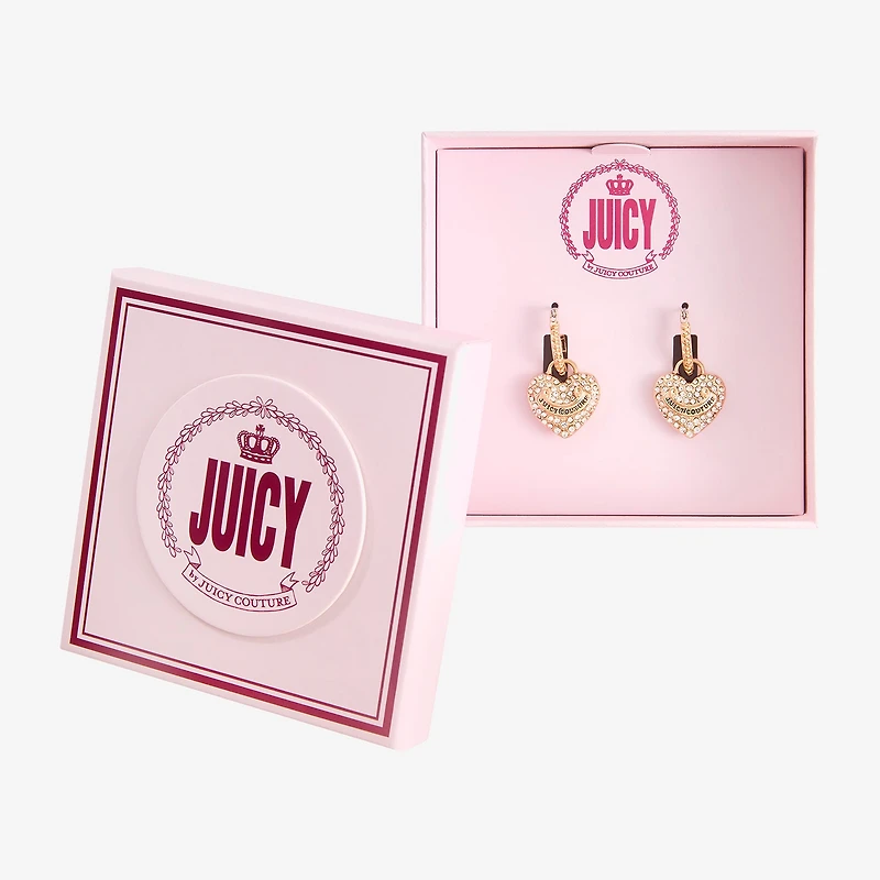 Juicy By Juicy Couture Gold Tone Charm Pave Womens Crystal 34.1mm Heart Hoop Earrings