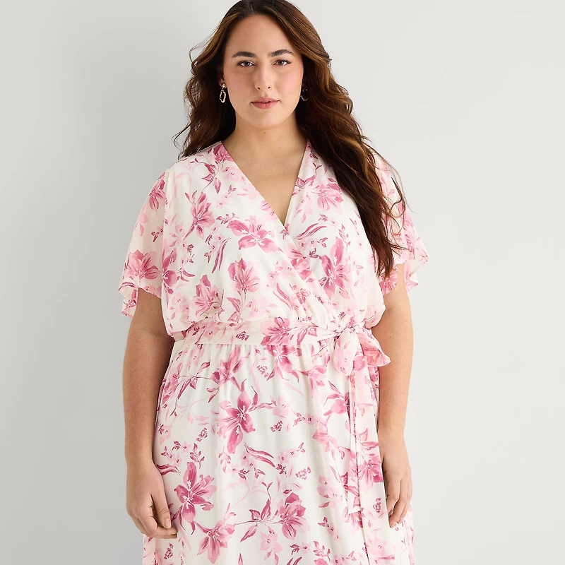 Studio 1 Womens Plus V Neck Short Sleeve Kimono Maxi Dress